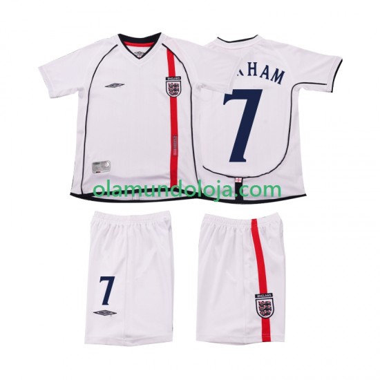 Camisola Inglaterra BECKHAM 7 Retro Criança Equipamento Primeiro 2002 Manga Curta